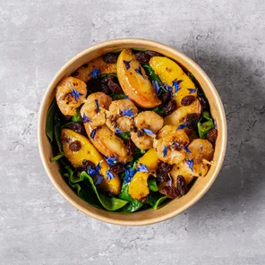 Meal card cover for: Charred Peach & King Prawn Salad