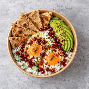 Meal card cover for: Turkish Eggs with Avocado, Pomegranate & Pitta Bread