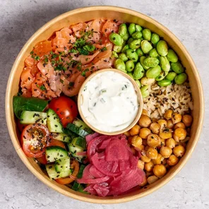 Meal card cover for: The Salmon Buddha Bowl.