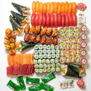 Meal card cover for: Party Platter (130 Pieces) (soy sauce, ginger, wasabi and Add your favourite sesame sauce).