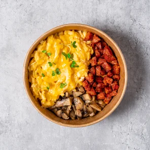 Meal card cover for: Free range Scrambled Egg Protein Pot with Chorizo & Mushrooms 🥚🍄