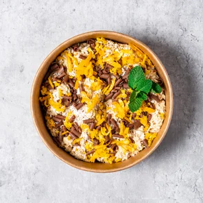 Meal card cover for: Overnight Gluten Free Oats with Orange Zest, Chocolate Curls & Desiccated Coconut 🥣🍊🍫