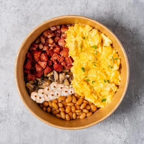 Meal card cover for: Free range Scrambled Egg Protein Pot with Chorizo, Pancetta, Mushrooms, Prawns & Baked Beans 🥚🍄🦀