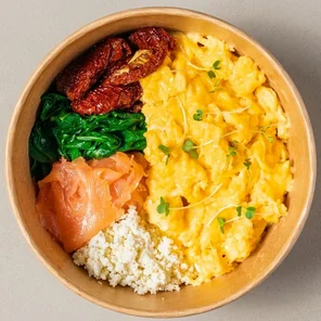 Meal card cover for: Free range Scrambled Egg Protein Pot with Sun-dried Tomatoes, Spinach, Wild Atlantic Smoked Salmon and Greek Cheese