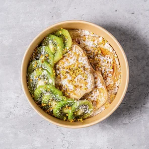 Meal card cover for: Protein Pancakes with Kiwi, Bee Pollen, Desiccated Coconut & Honey.
