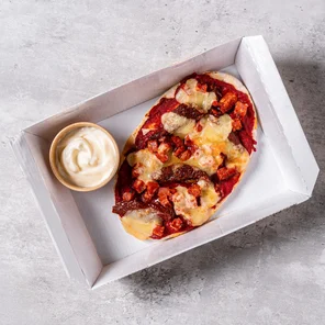 Meal card cover for: Pitta pizza topped with sundried tomatoes, chorizo, cheese & herbs with a dip of your choice.
