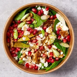 Meal card cover for: Pear, Pomegranate, Walnut & Greek Cheese Salad