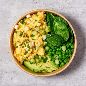 Meal card cover for: Free range Scrambled Egg Protein Pot with Spanish Avocado, Unwilted Spinach, Peas, Spring Onion & Chives 🥚🐟🥑