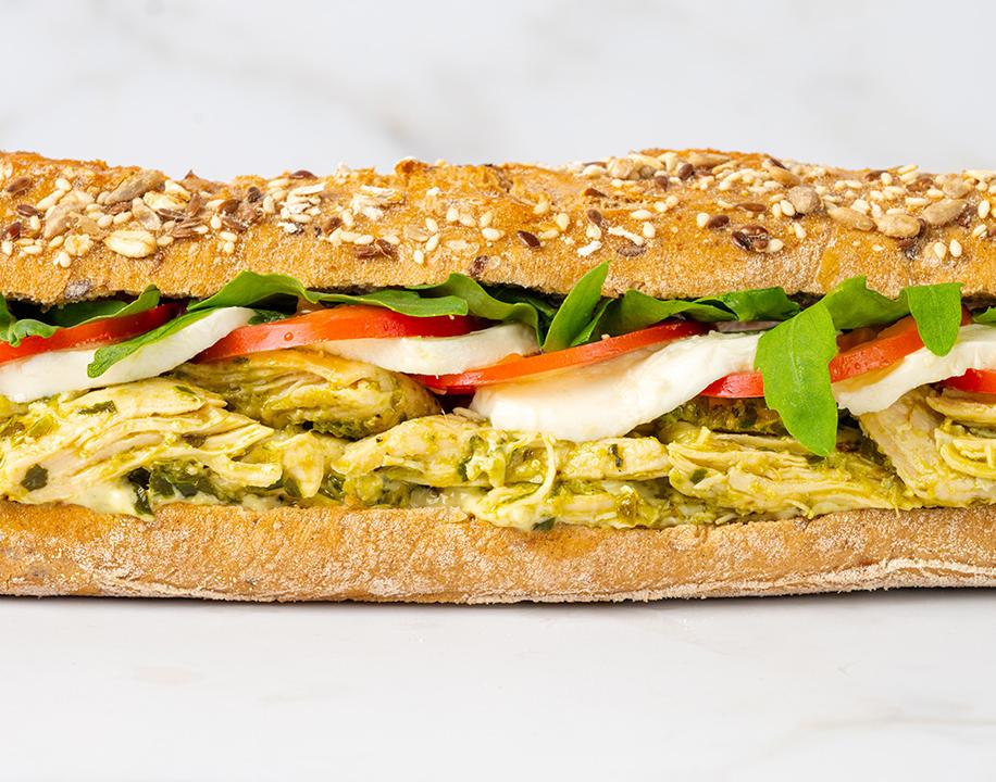 Meal card cover for:  Pesto Chicken & Mozzarella on Multigrain Sourdough 