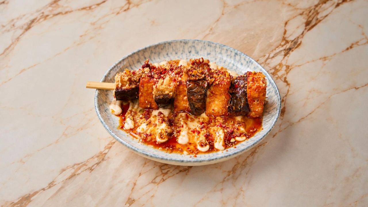 Meal card cover for: Halloumi & Aubergine Skewer