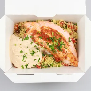 Meal card cover for: Harissa Salmon with Mint Jewelled Couscous - Hot Boxed Meal