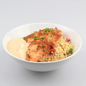 Meal card cover for: Harissa Salmon with Mint Jewelled Couscous - Bowl Meal