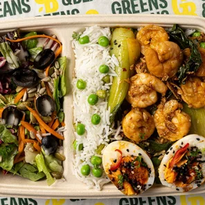 Meal card cover for: Chilli Garlic Prawn (Chilli Garlic Prawns & Pak Choi, Miso-Style Eggs, Green Crunchy Salad, White Rice with Green Peas)