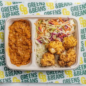 Meal card cover for: Creamy Chickpea Power (Chickpeas, Chimichuri Cauliflower, Bang Bang Asian Slaw, White Rice & Green Peas)