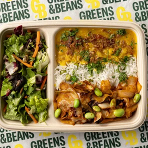 Meal card cover for: Golden Turmeric Dal (Turmeric Dal, Hispi Cabbage, Fried Onions, White Rice & Green Peas, Green Crunchy Salad)