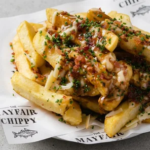 Meal card cover for: Chips, HP gravy, smoked cheddar cheese & bacon bits