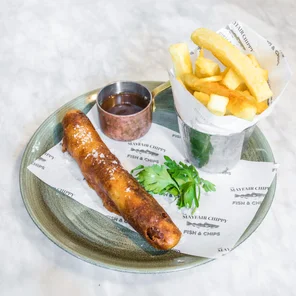 Meal card cover for: Battered Rare Breed Sausage, Hp Gravy & Chips