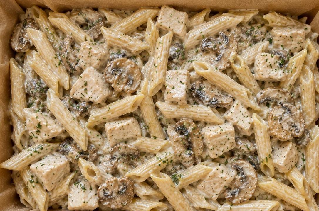 Meal card cover for: Creamy Chicken & Mushrooms Pasta Salad (up to 12 people)