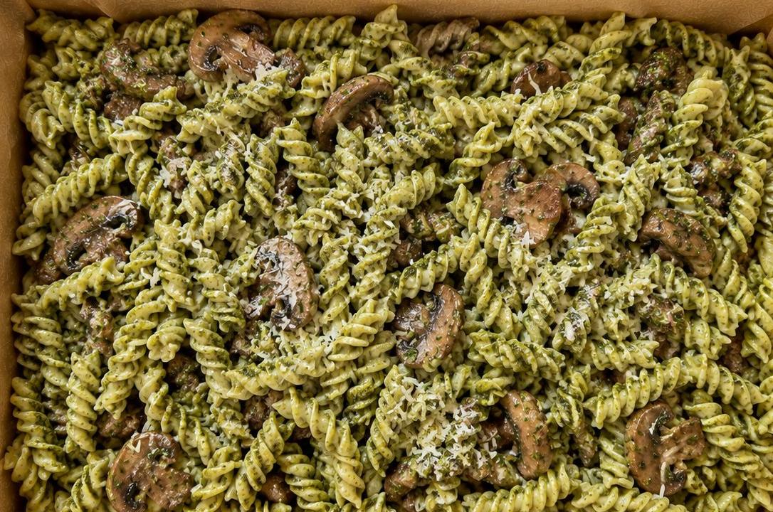 Meal card cover for: Pesto, Mushrooms & Olives Pasta Salad (up to 12 people)