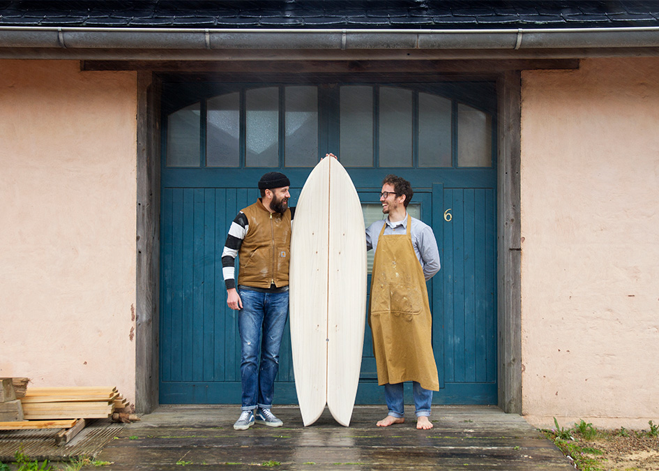 Otter surfboards workshop wooden surfboard Jon and James
