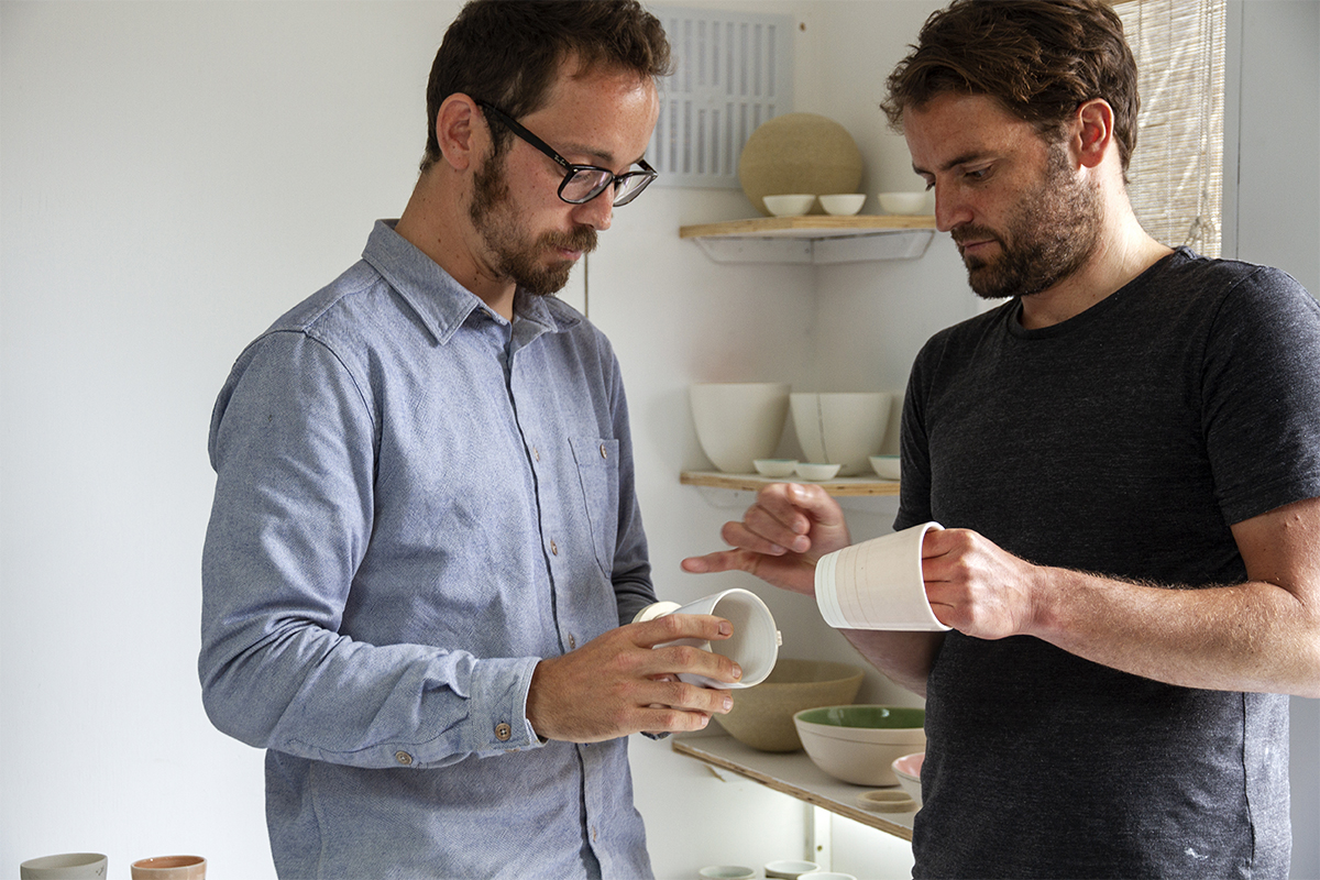 Jake Boex ceramics James Otter Wooden surfboard cup project porthleven talking in studio