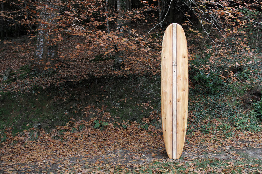 finished wooden surfboard otter surfboards workshop cornwall seasaw longboard