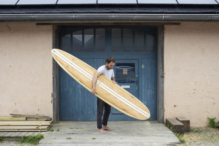 finished wooden surfboard otter surfboards workshop cornwall wicket longboard ally