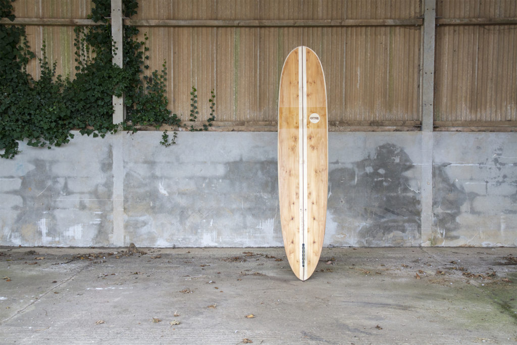 finished wooden surfboard otter surfboards workshop cornwall wicket longboard