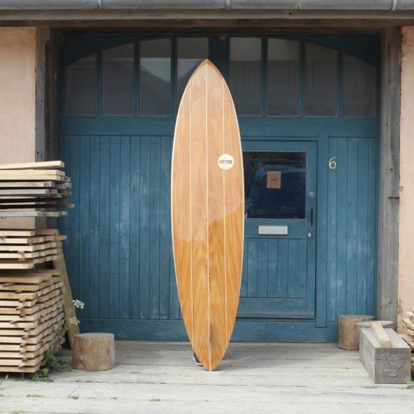 finished wooden surfboard otter surfboards workshop cornwall Clipper classic pin tail single fin