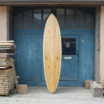 finished wooden surfboard otter surfboards workshop cornwall Clipper classic pin tail single fin
