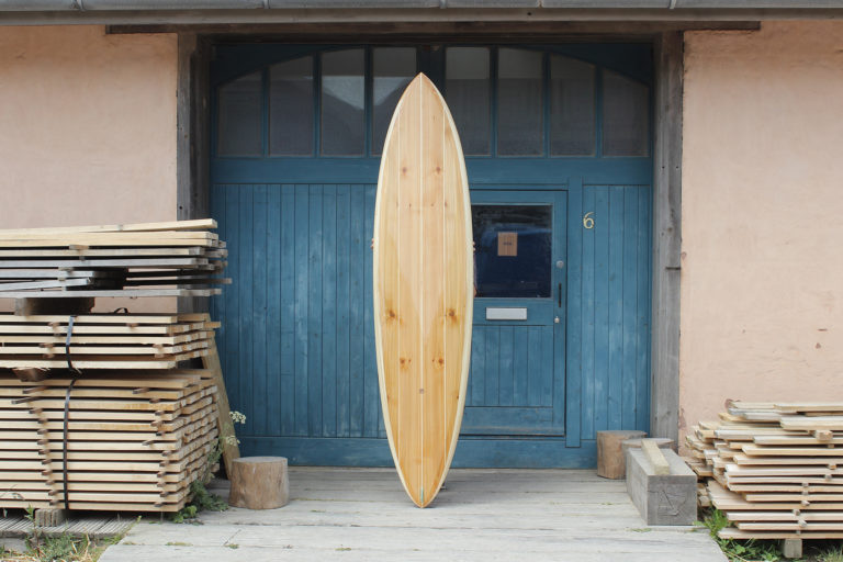 finished wooden surfboard otter surfboards workshop cornwall Clipper classic pin tail single fin