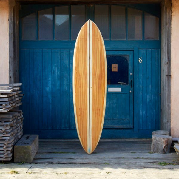 finished wooden surfboard composite otter surfboards workshop cornwall Roller Coaster