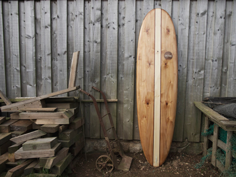 finished wooden surfboard otter surfboards workshop cornwall Island Hopper Midlength egg