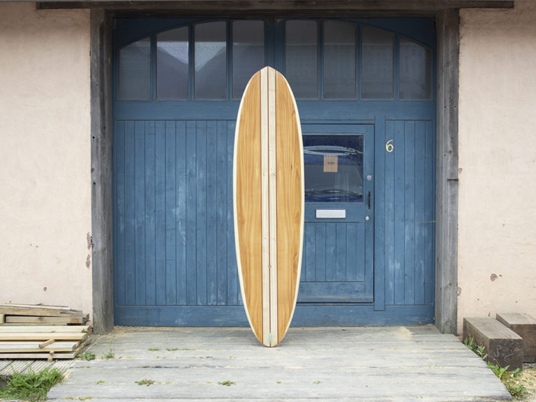 finished wooden surfboard otter surfboards workshop cornwall Jetty Midlength egg