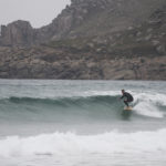 Sean lines up a fun wave at Gwenver Sennen, in Cornwall on his Jetty Otter Wooden surfboard.