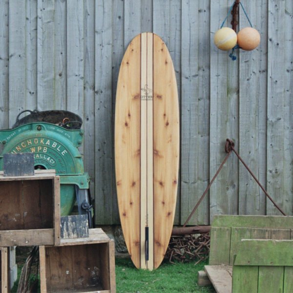 finished wooden surfboard otter surfboards workshop cornwall Jetty Midlength egg