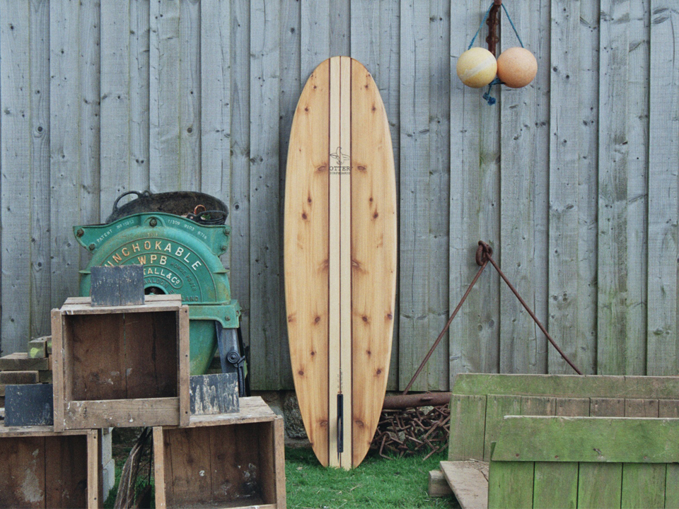 finished wooden surfboard otter surfboards workshop cornwall Jetty Midlength egg