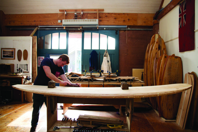 Otter Surfboards wooden surfboard workshop course in Cornwall wooden longboard Ralph Shaping