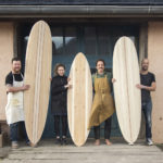 Otter Surfboards wooden surfboard workshop course in Cornwall group portrait with Mike, Richard and Sarah december 2017