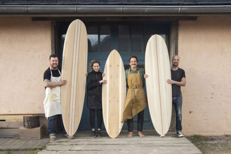 Otter Surfboards wooden surfboard workshop course in Cornwall group portrait with Mike, Richard and Sarah december 2017