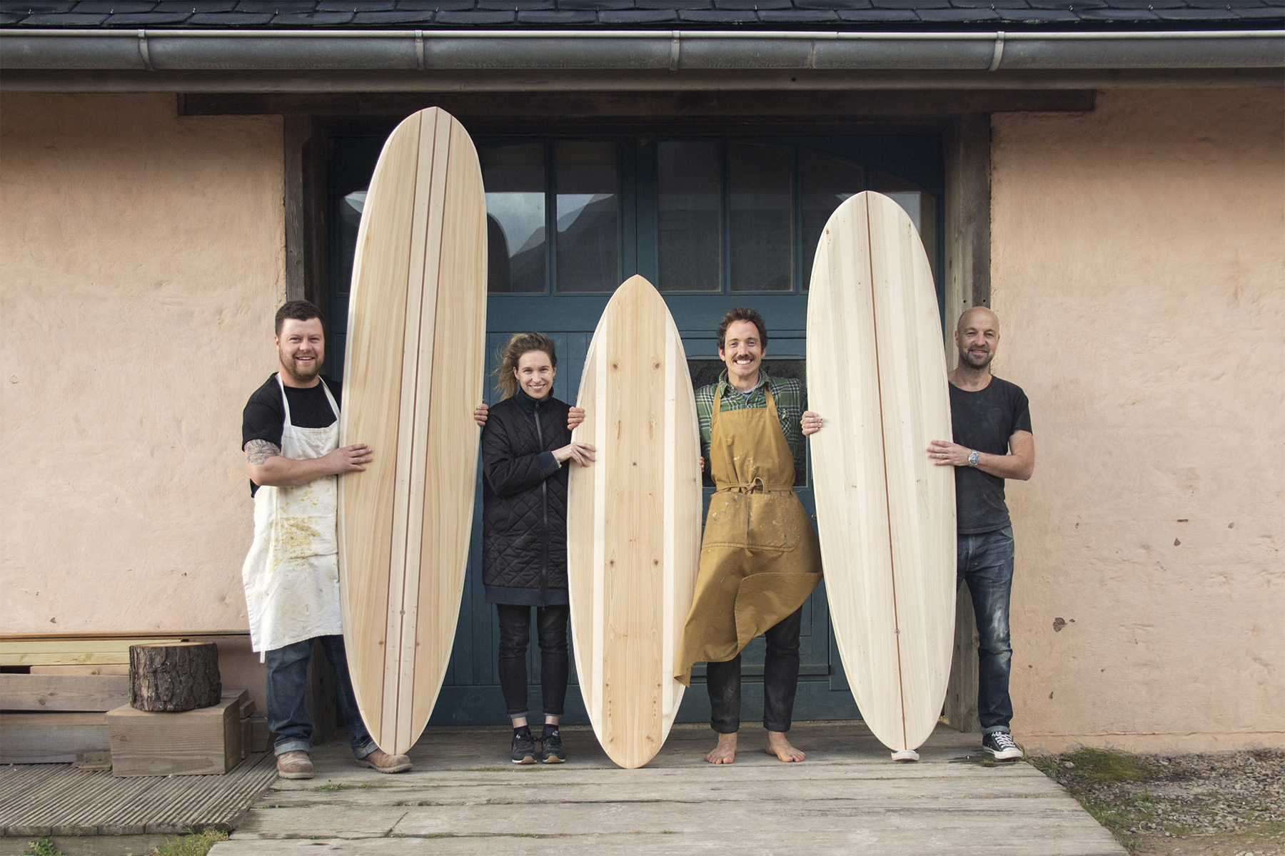 Otter Surfboards wooden surfboard workshop course in Cornwall group portrait with Mike, Richard and Sarah december 2017