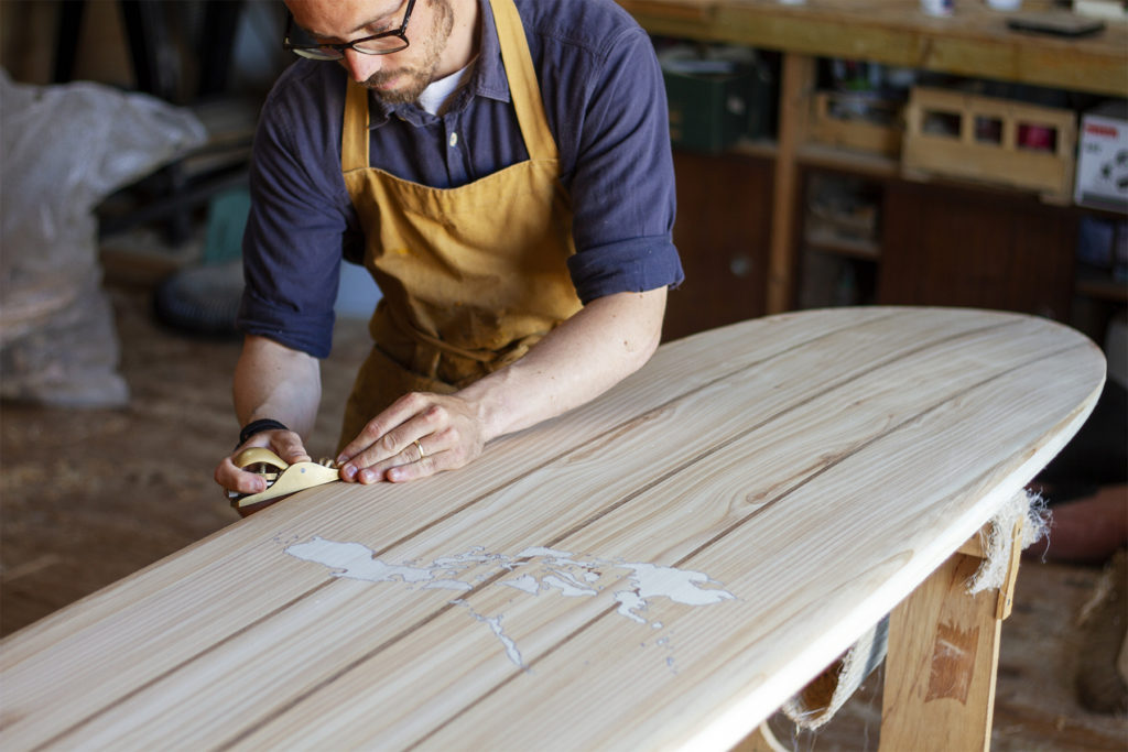 Wooden Longboard Custom Otter Surfboard with Map inlay of Philippines James shaping