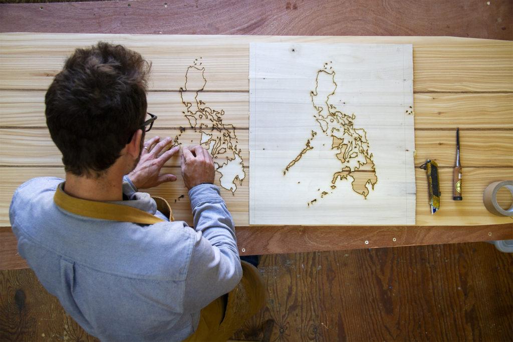Wooden Longboard Custom Otter Surfboard with Map inlay of Philippines aerial view of map inlay