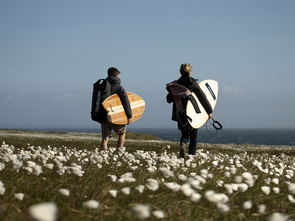 Lewis Arnold Sandy Kerr Easkey Britton Chris Noble Solstice Film Wooden Surfboards Scotland Hebrides Otter sandy and easkey walking