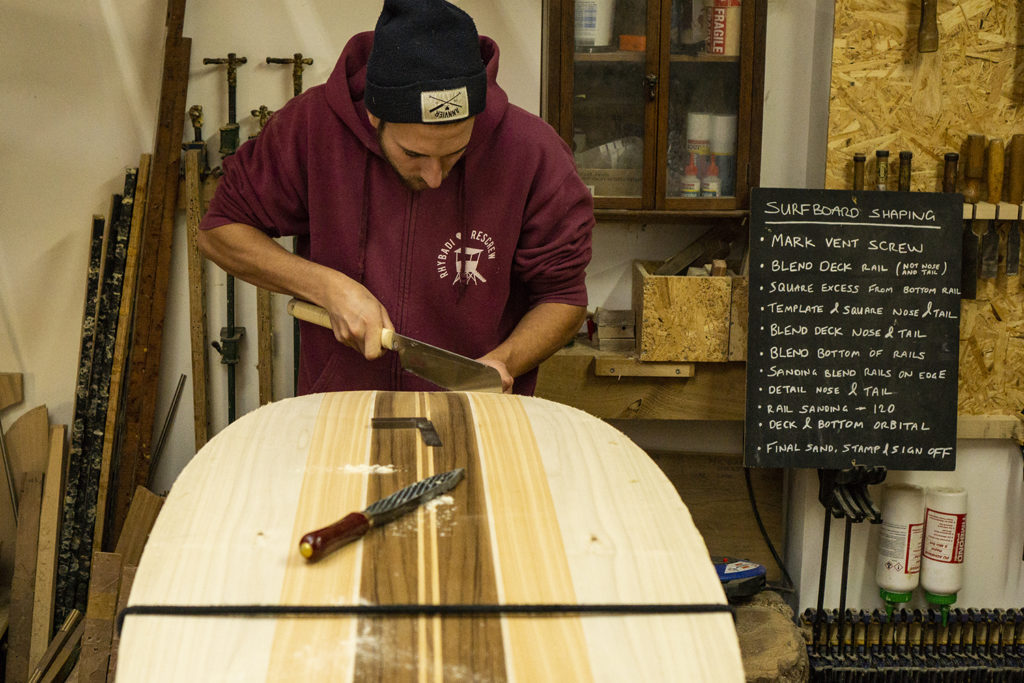 Luca Swift Otter Woden Surfboard Workshop sawing nose