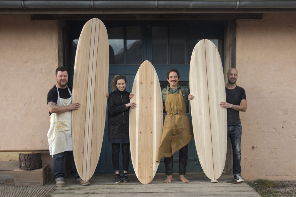 Otter Surfboards wooden surfboard workshop course in Cornwall group portrait with Mike, Richard and Sarah december 2017