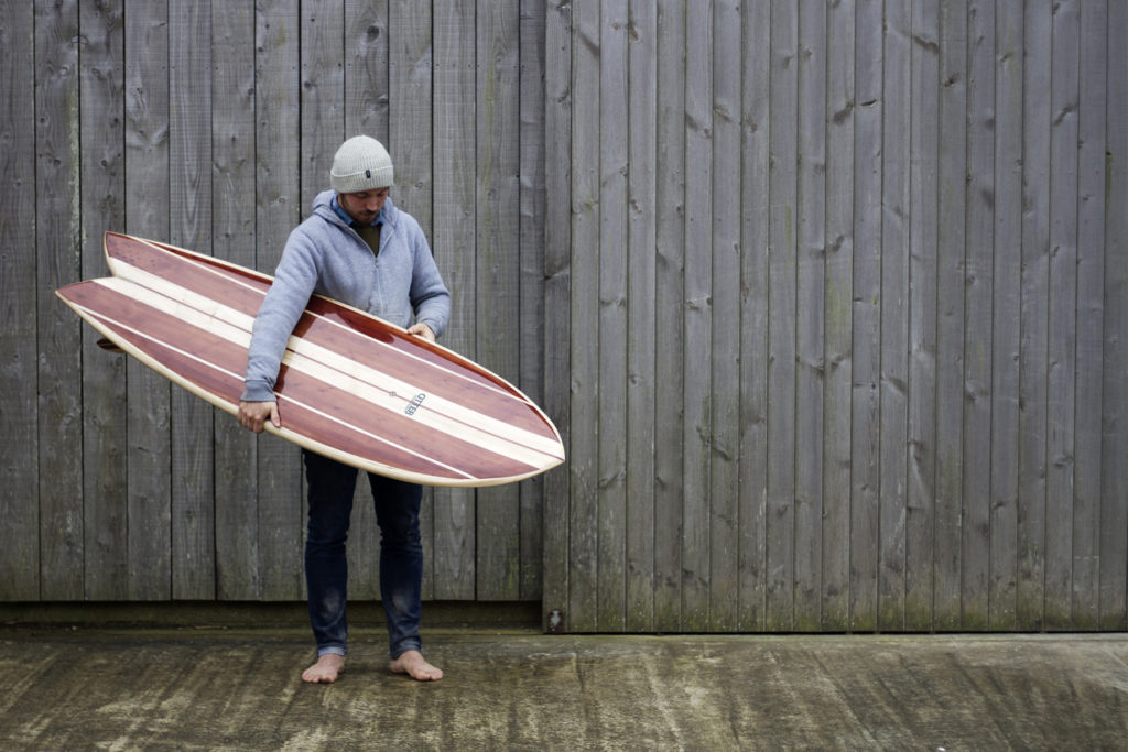 Claires special californian redwood custom otter wooden surfboard fetch fish workshop gloss