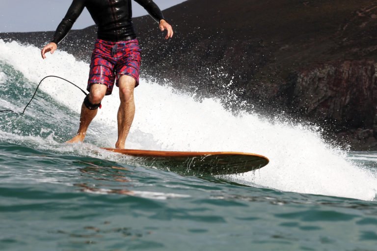 James Otter Riz Boardshorts Wooden Surfboard Seasaw Longboard back knee