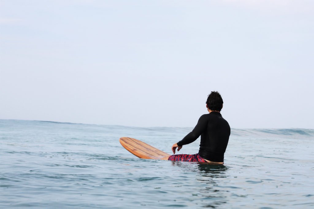 James Otter Riz Boardshorts Wooden Surfboard Seasaw Longboard waiting