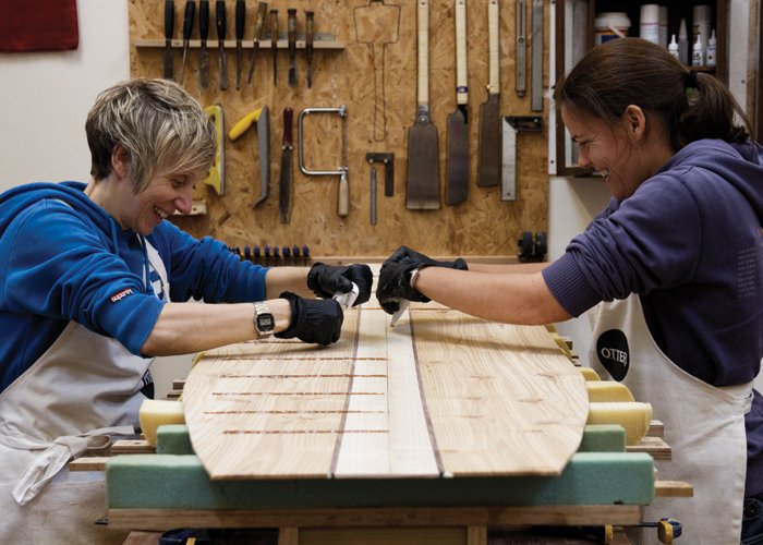 Penny and Rowena November Otter Wooden Surfboards Workshop Cornwall 2014 sticking together
